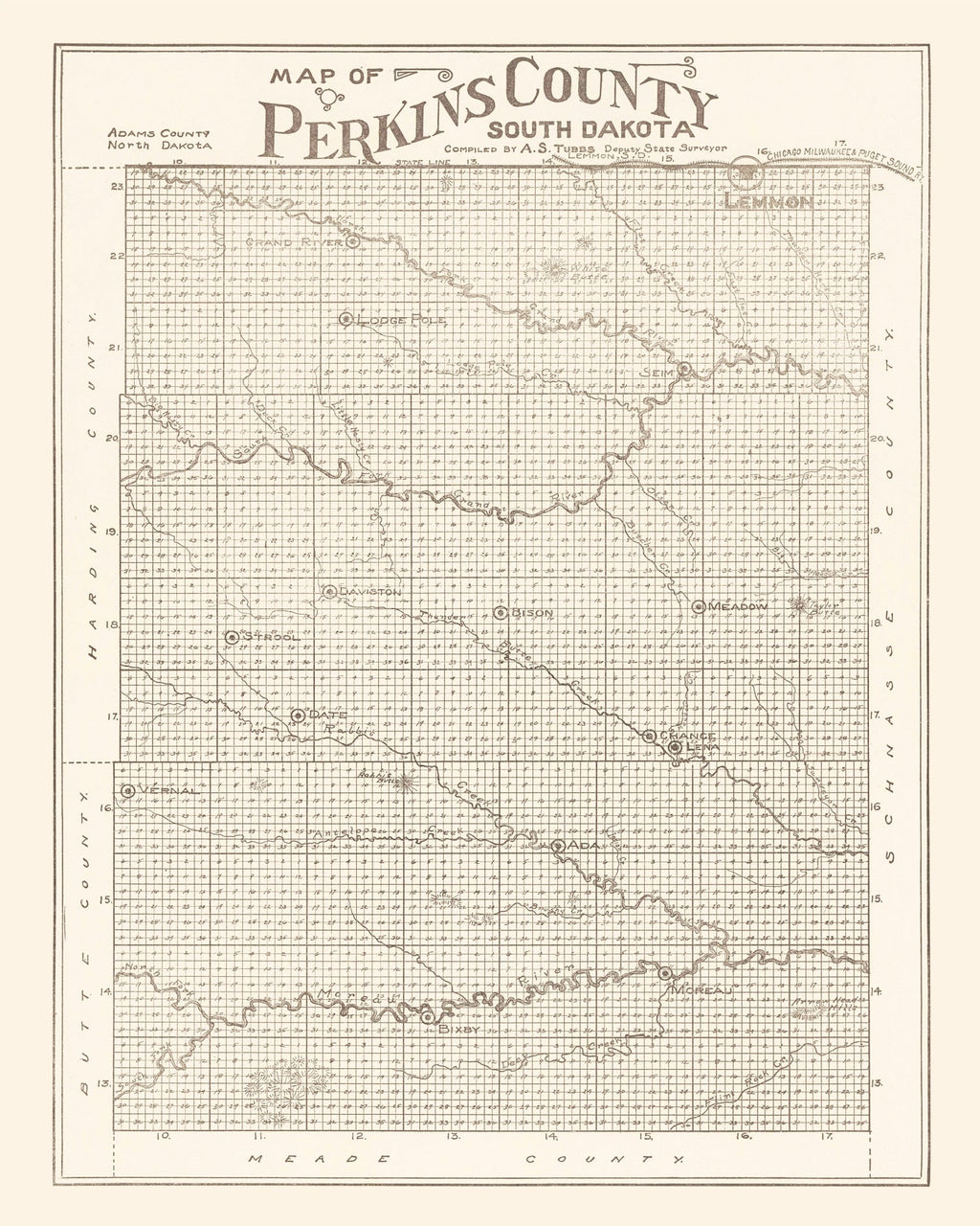 Vintage Map of Perkins County, South Dakota 1919