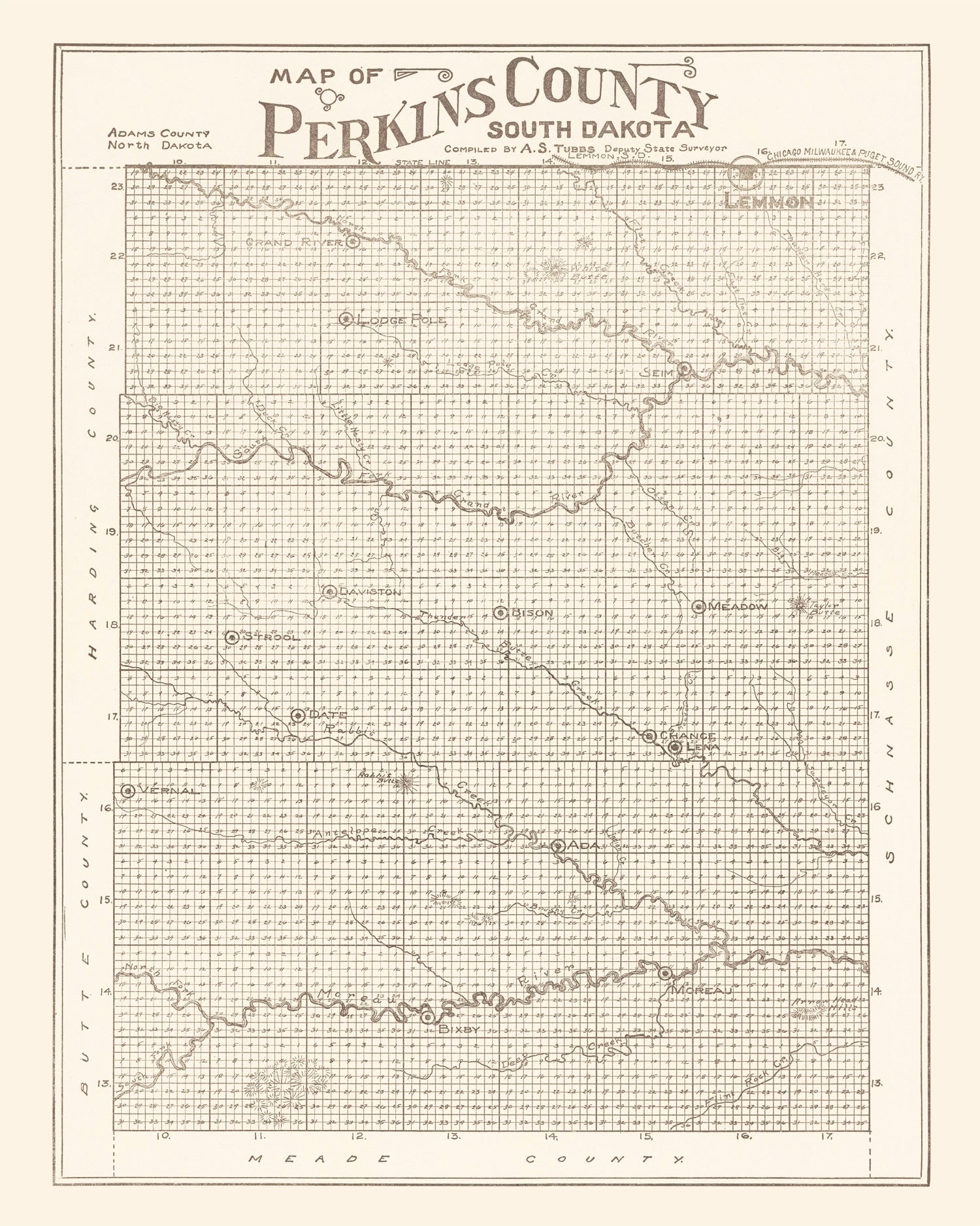 Vintage Map of Perkins County, South Dakota 1919