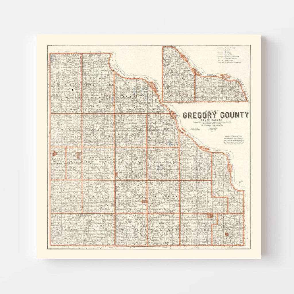 Vintage Map of Gregory County, South Dakota 1909