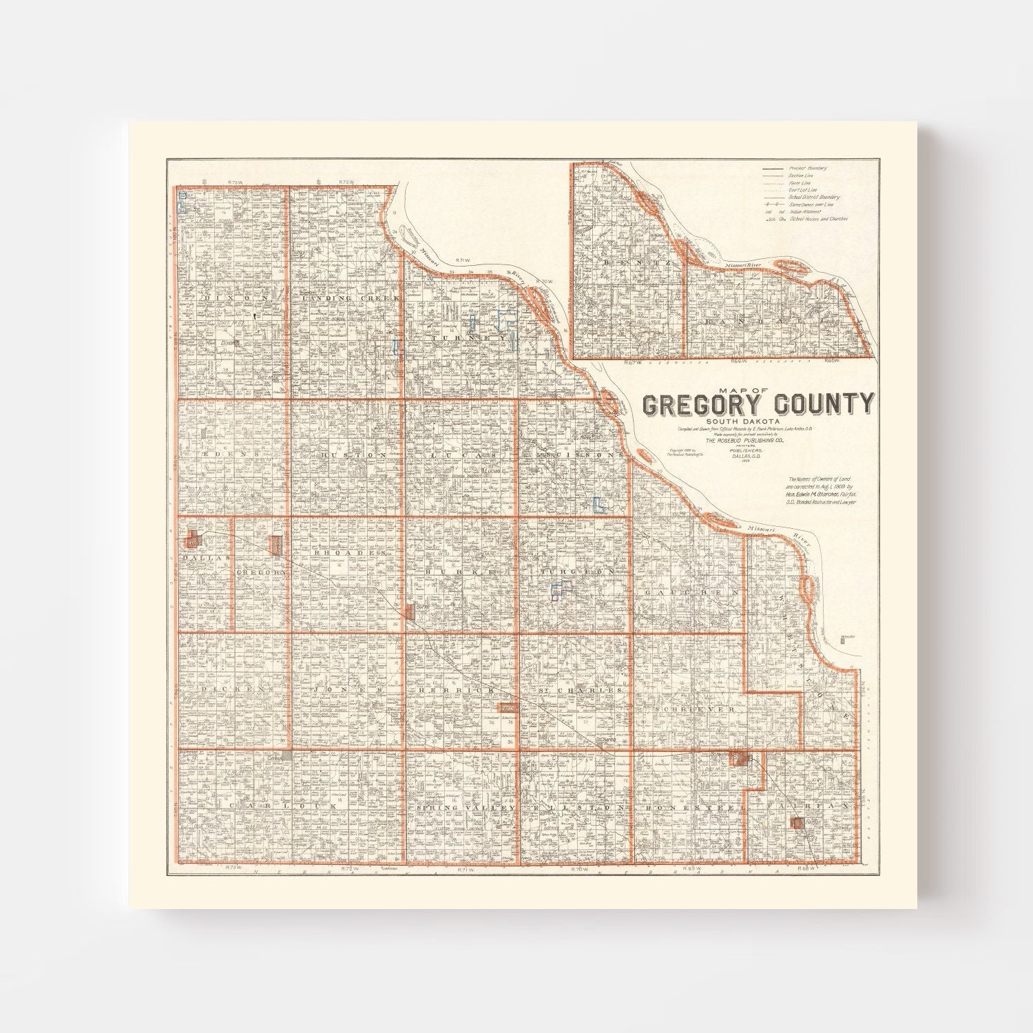 Vintage Map of Gregory County, South Dakota 1909