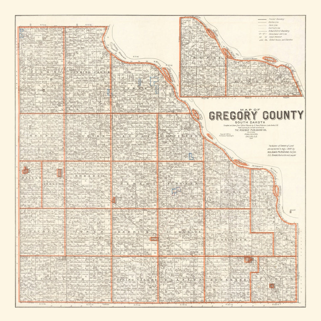 Vintage Map of Gregory County, South Dakota 1909