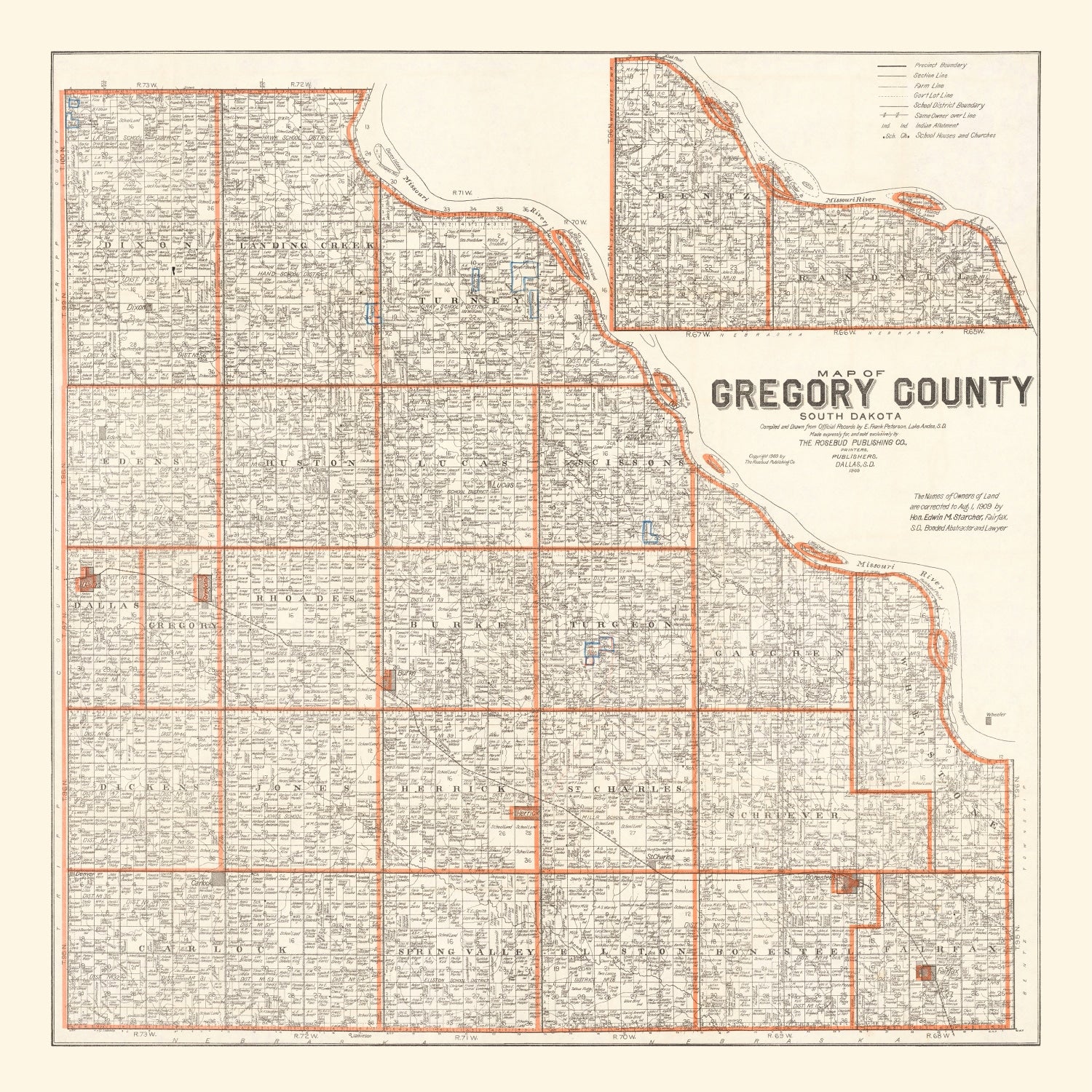 Vintage Map of Gregory County, South Dakota 1909