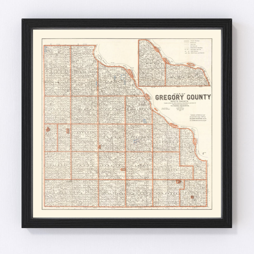 Vintage Map of Gregory County, South Dakota 1909