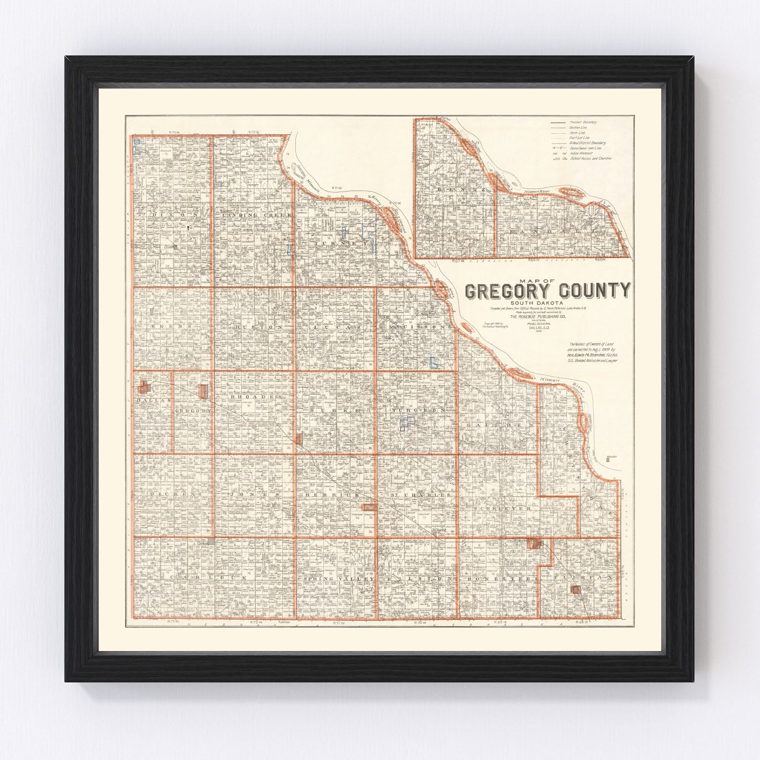 Vintage Map of Gregory County, South Dakota 1909