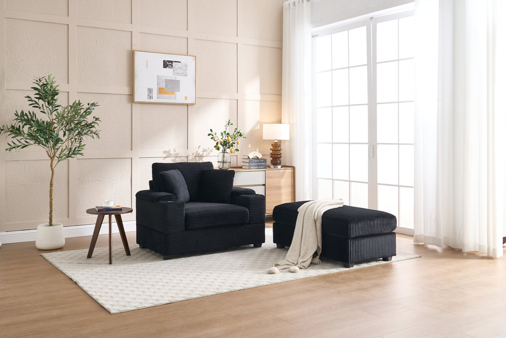 [VIDEO/New]Corduroy Upholstered Chaise Lounge Sofa with Handrail storage,Movable ottoman,Cupholders,Detachable Cushions Deep Seat for Living Room Office,5 colour,Wide stripe corduroy