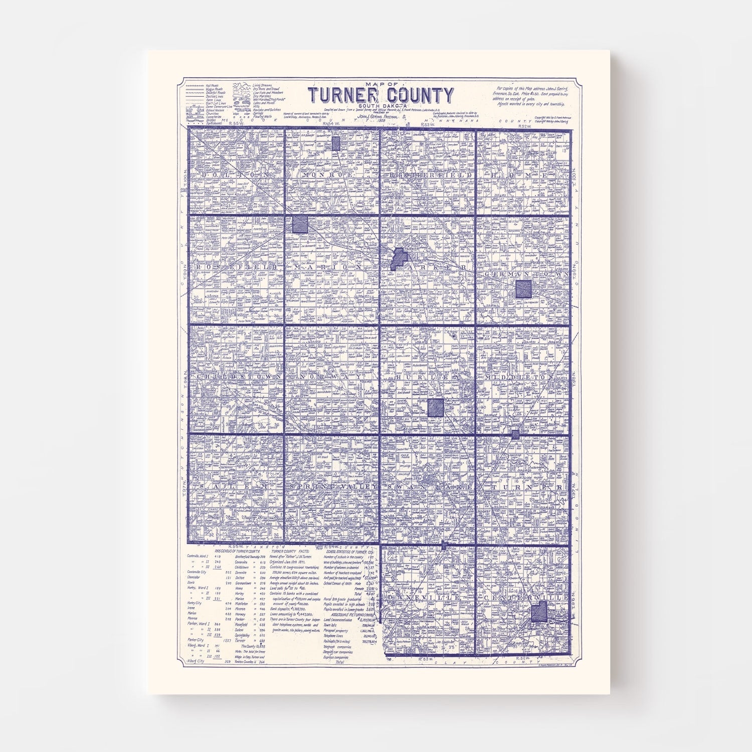 Vintage Map of Turner County, South Dakota 1909