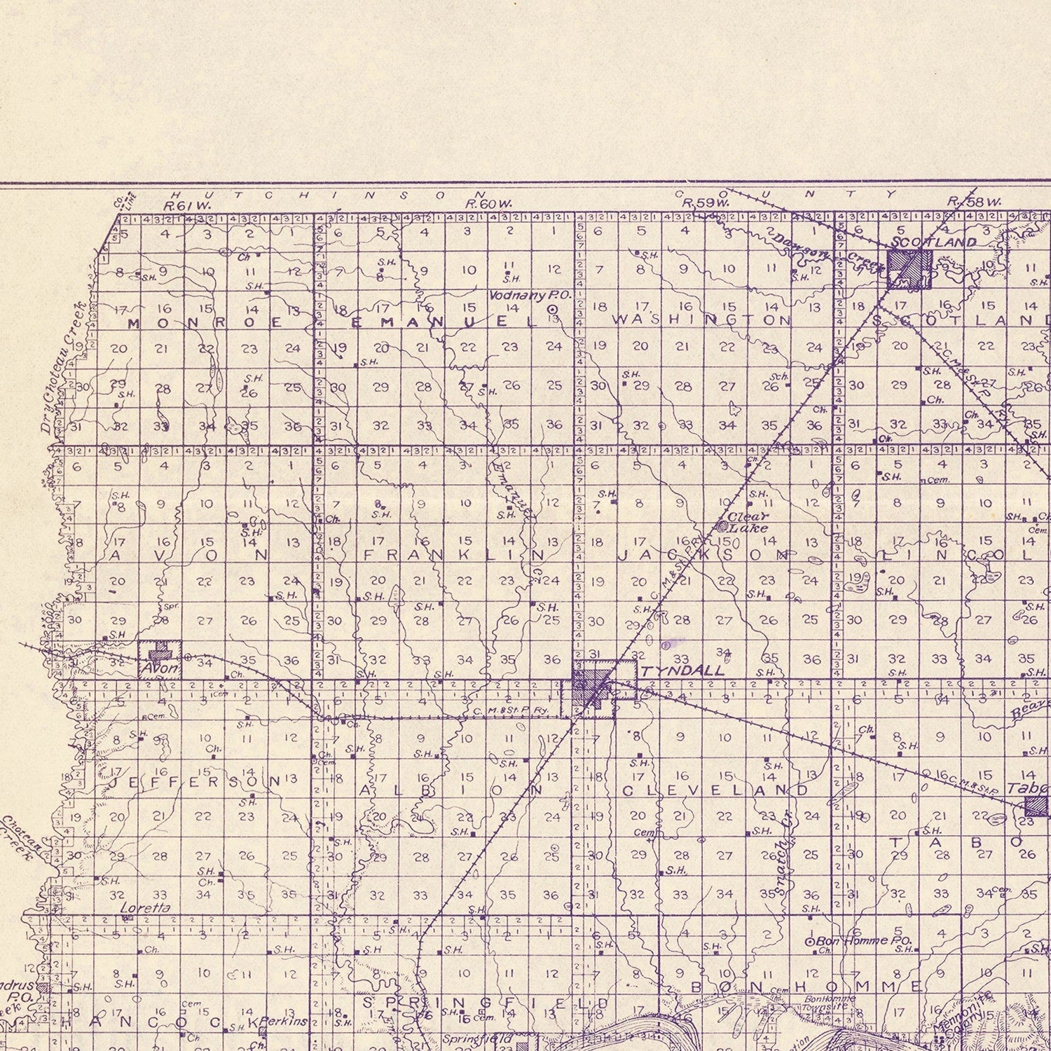 Vintage Map of Bon Homme County, South Dakota 1906