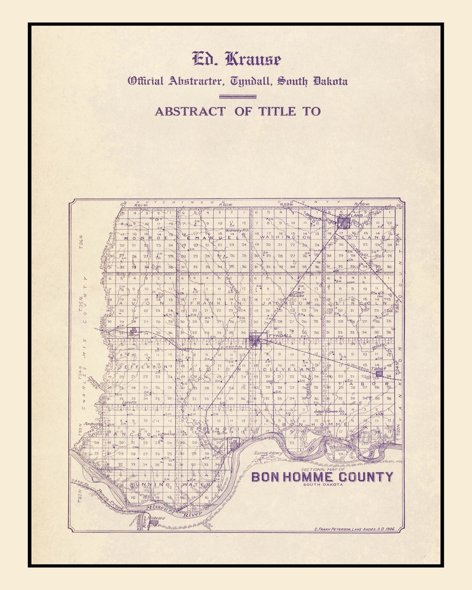 Vintage Map of Bon Homme County, South Dakota 1906