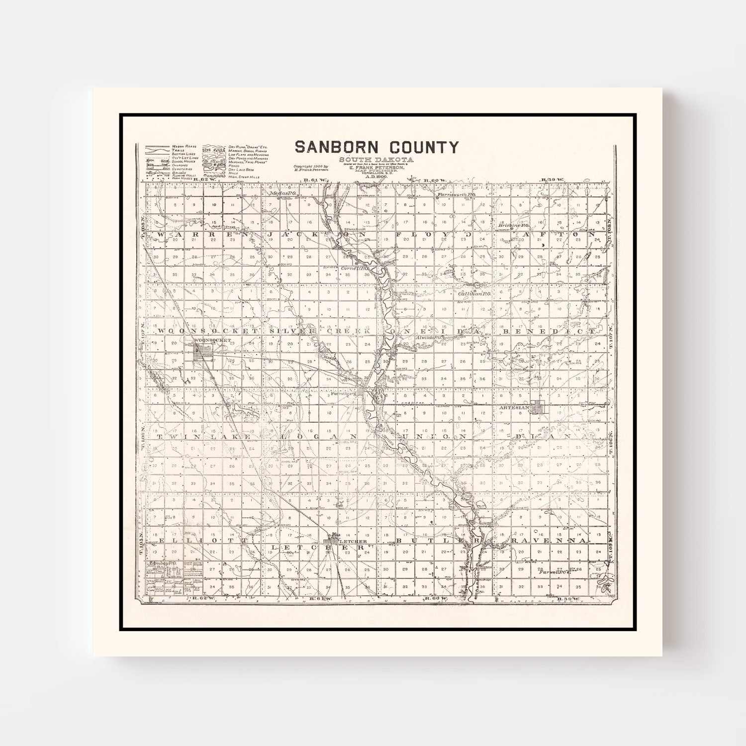 Vintage Map of Sanborn County, South Dakota 1900