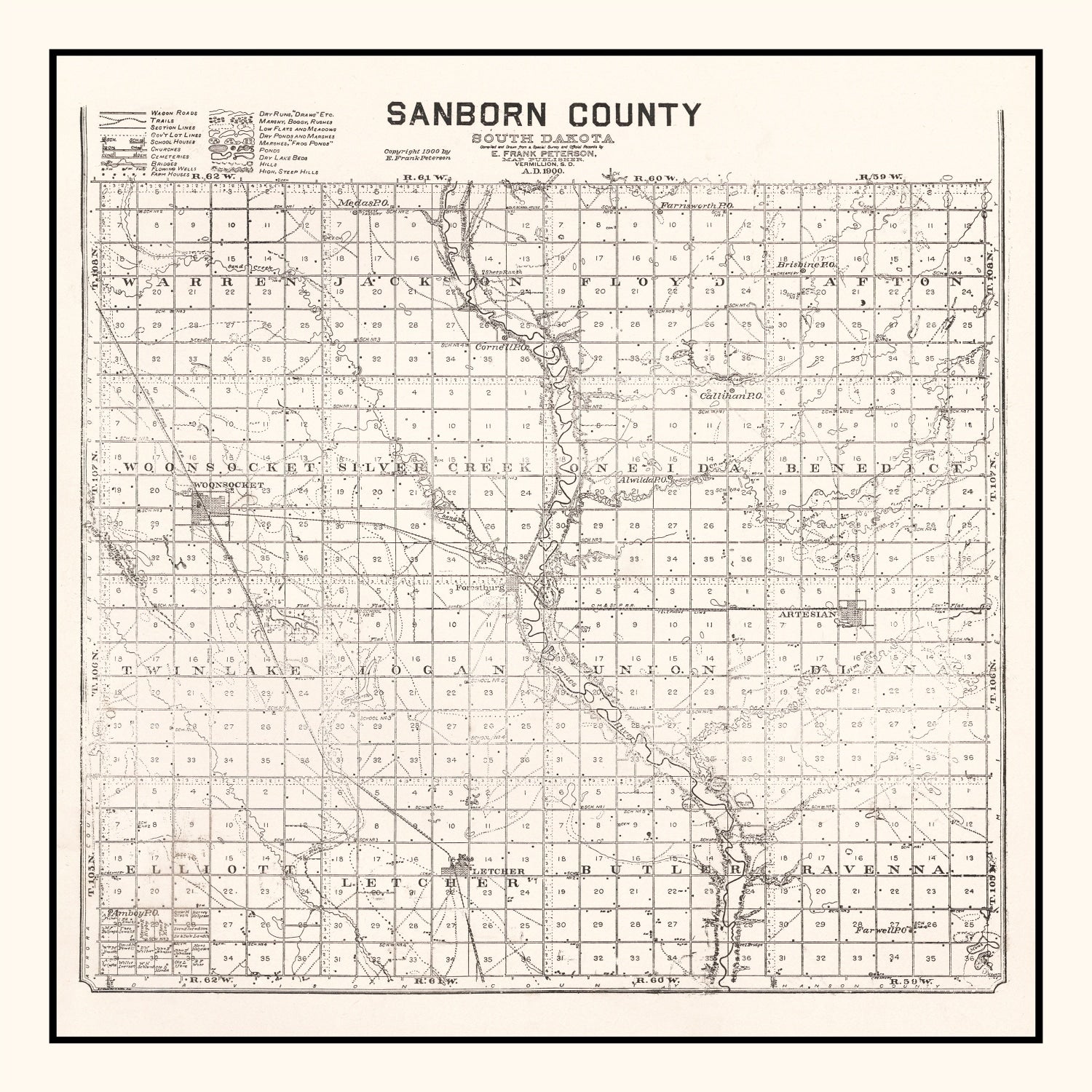Vintage Map of Sanborn County, South Dakota 1900