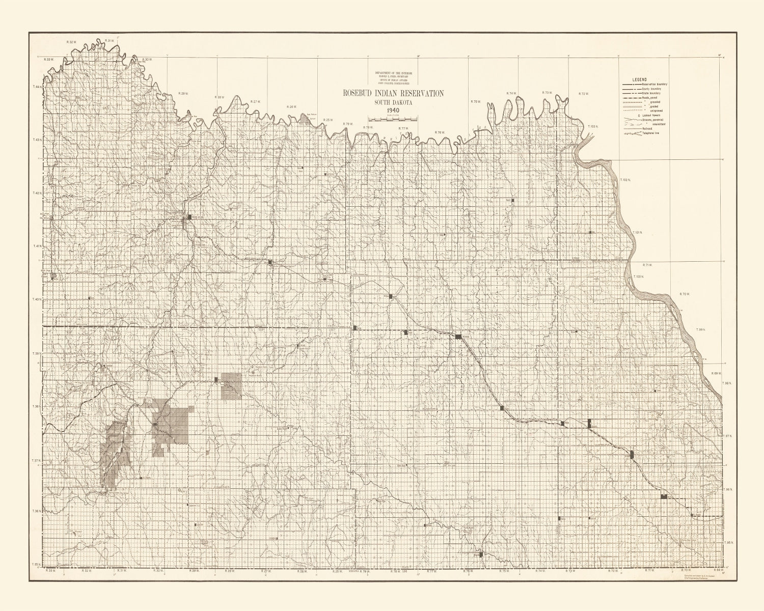 Vintage Rosebud Indian Reservation Map 1940