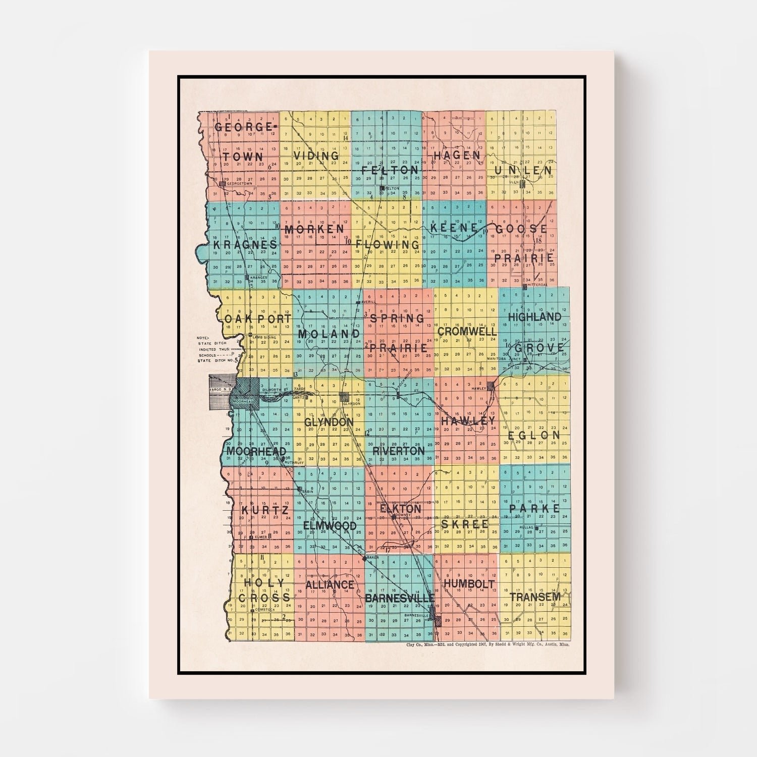 Vintage Map of Clay County, Minnesota 1907