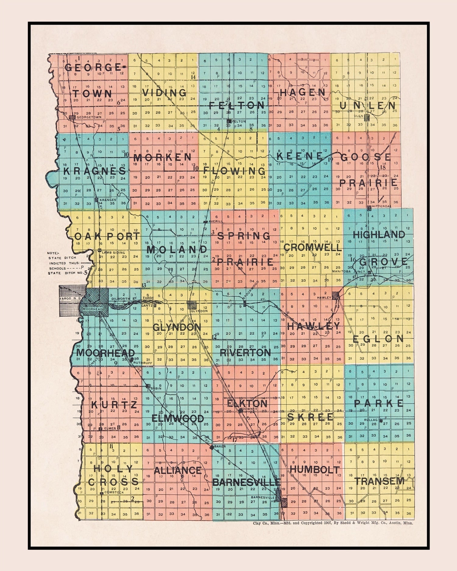 Vintage Map of Clay County, Minnesota 1907