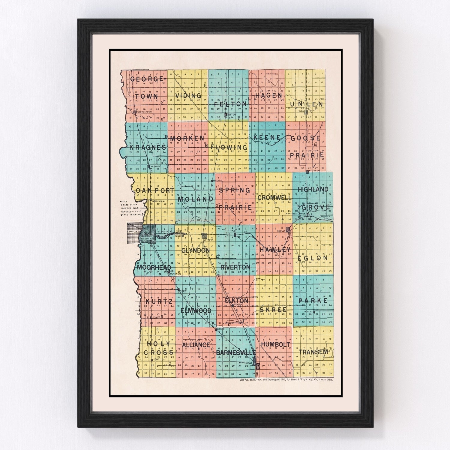 Vintage Map of Clay County, Minnesota 1907