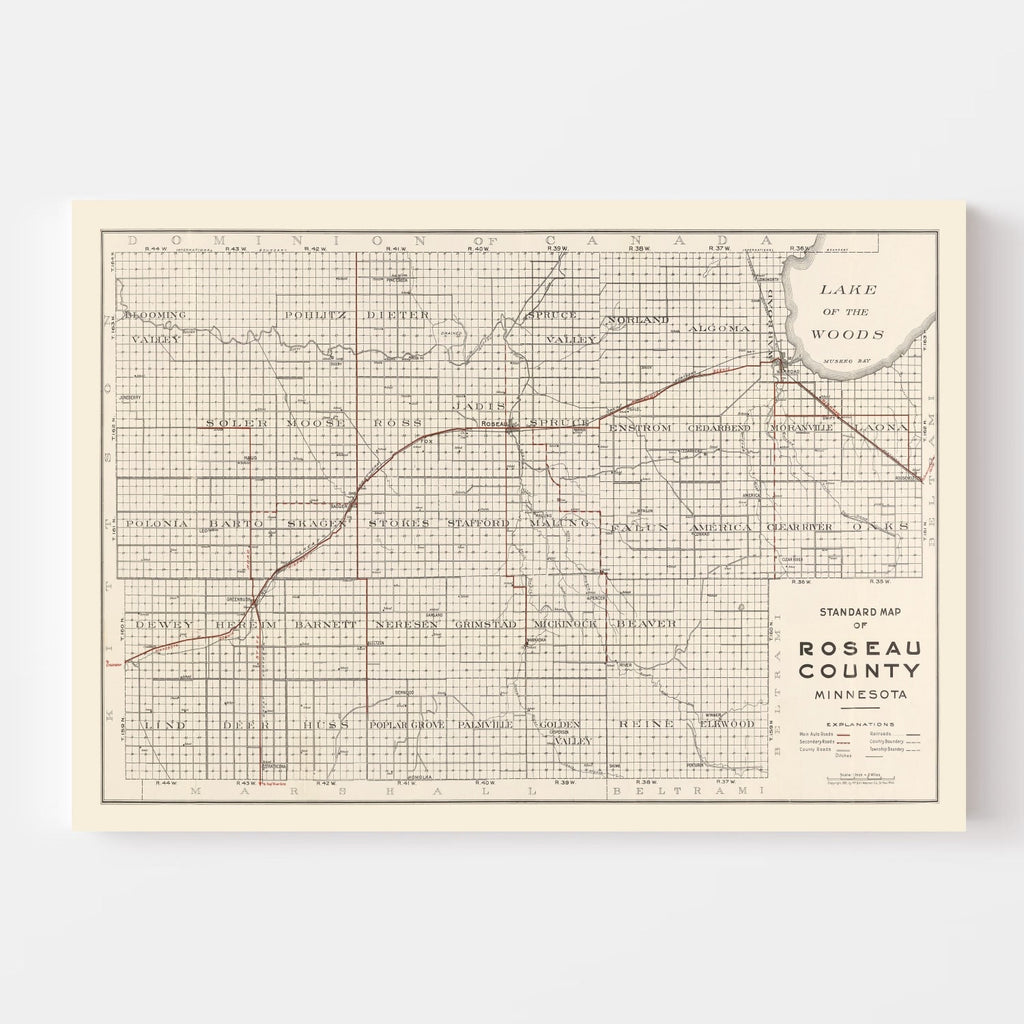 Vintage Map of Roseau County, Minnesota 1921