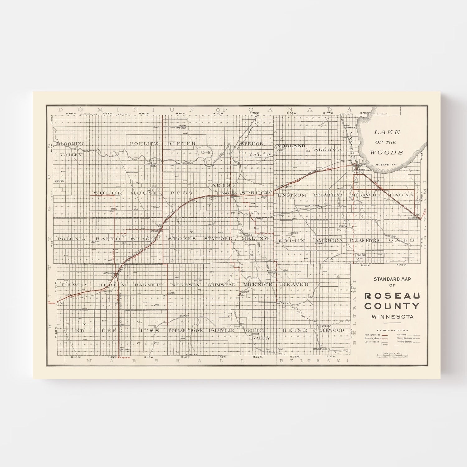 Vintage Map of Roseau County, Minnesota 1921