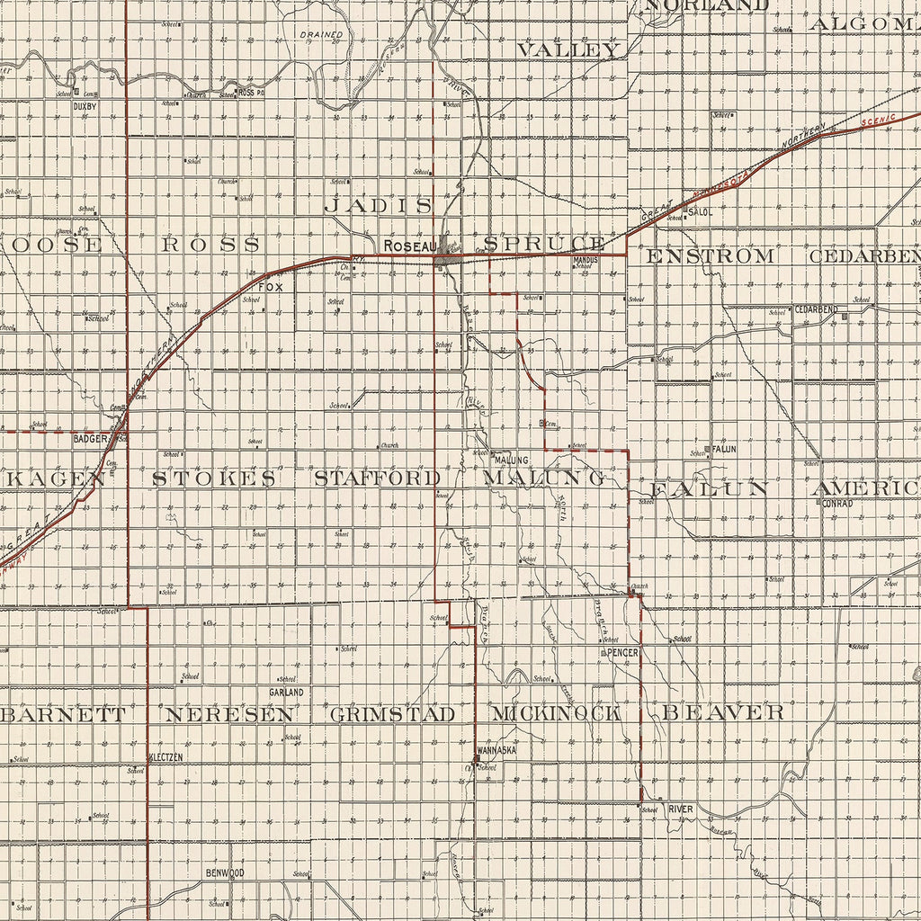 Vintage Map of Roseau County, Minnesota 1921
