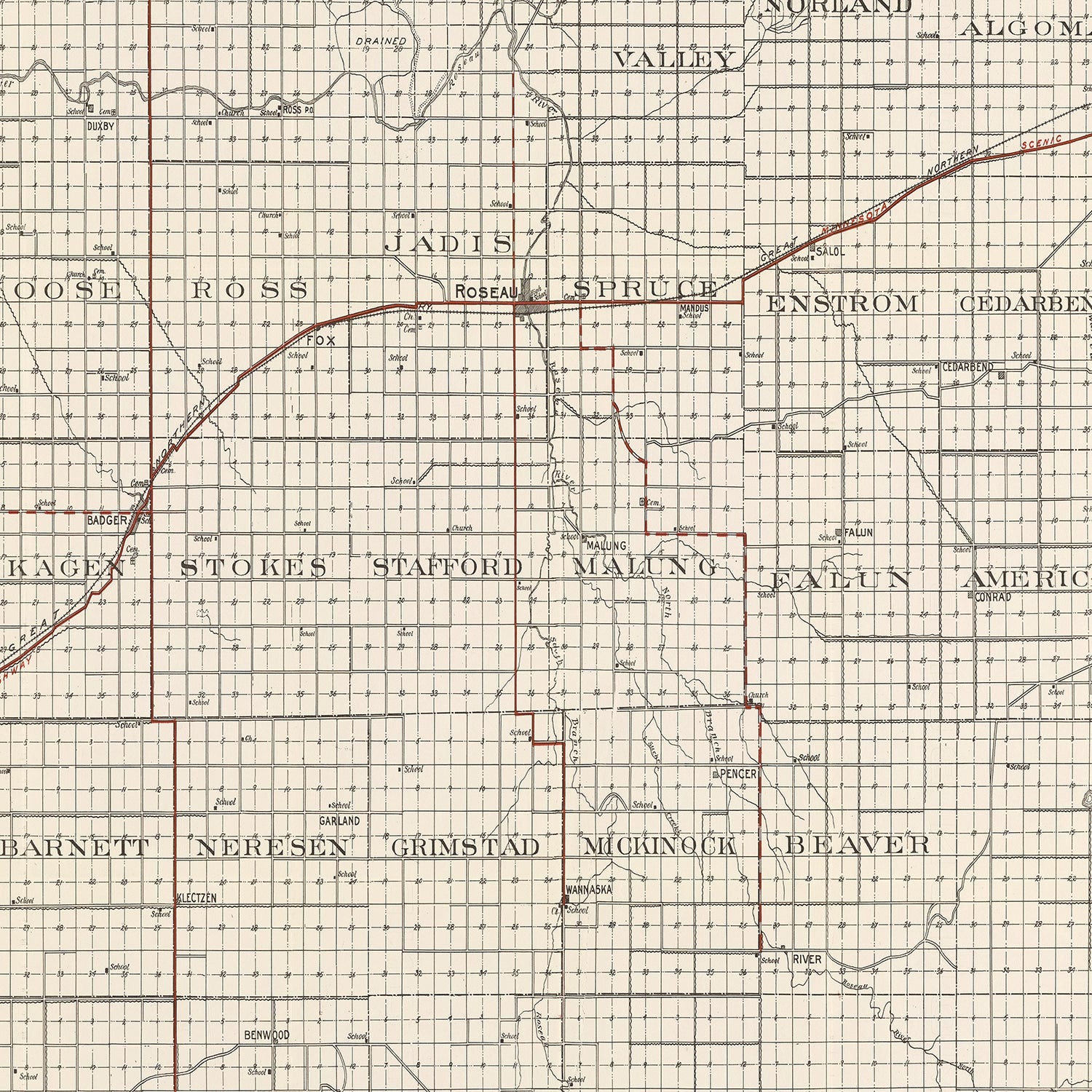 Vintage Map of Roseau County, Minnesota 1921