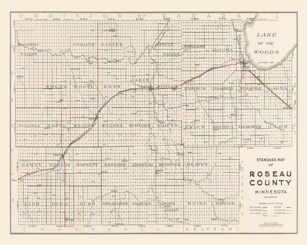 Vintage Map of Roseau County, Minnesota 1921