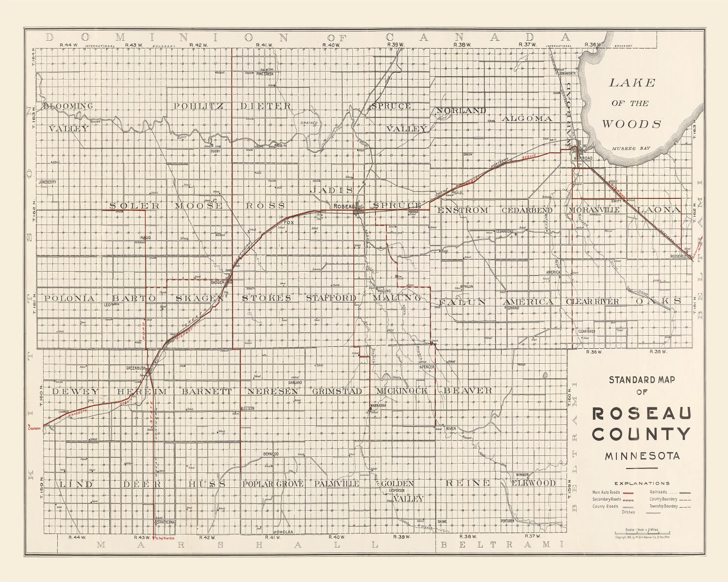 Vintage Map of Roseau County, Minnesota 1921