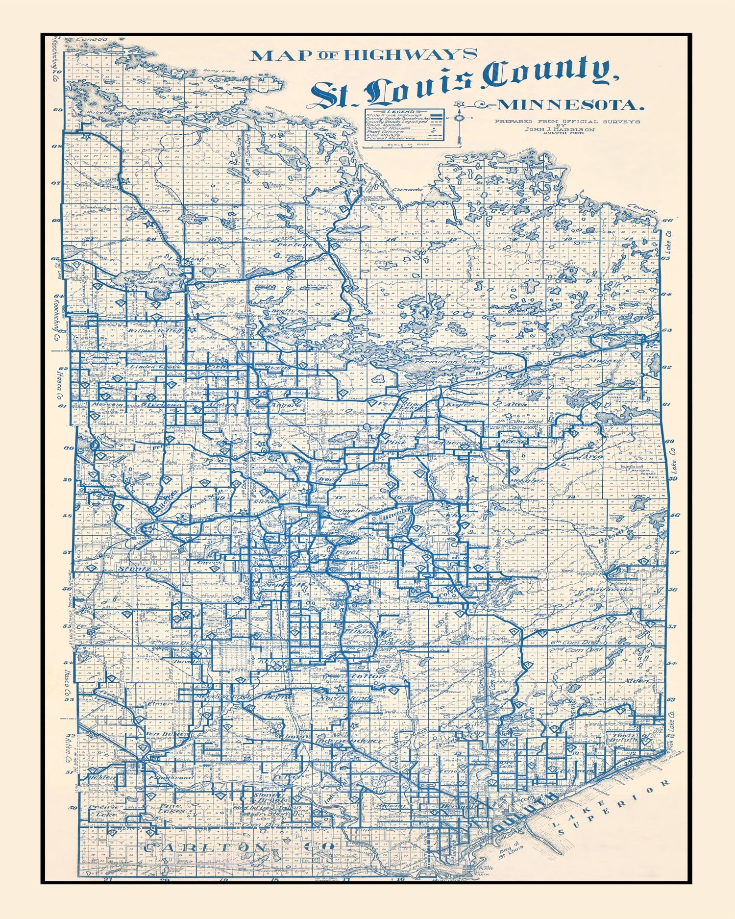 Vintage Map of St. Louis County, Minnesota 1920