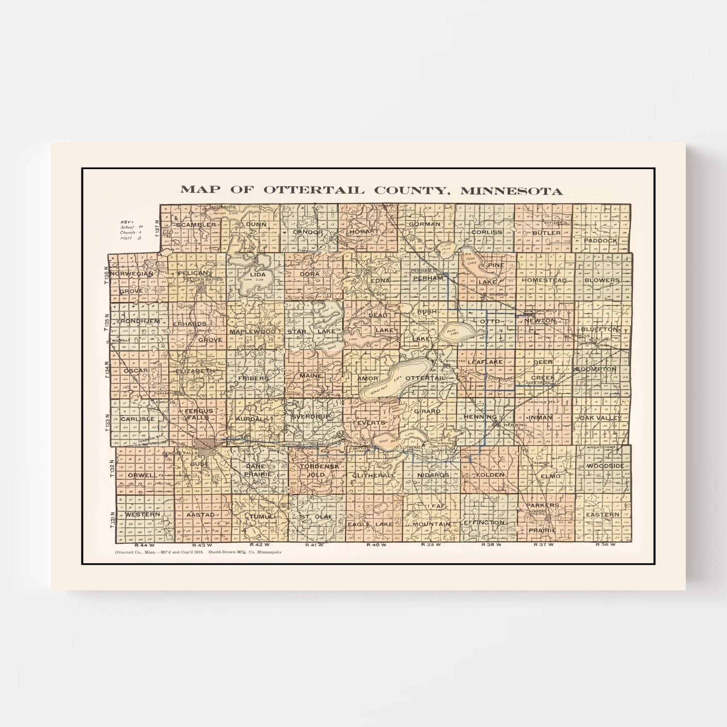 Vintage Map of Ottertail County, Minnesota 1916
