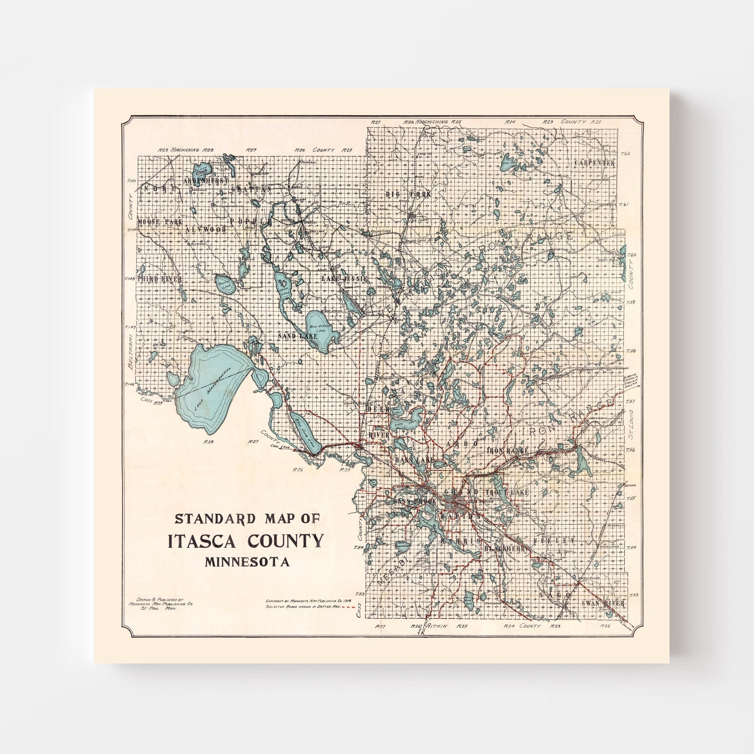 Vintage Map of Itasca County, Minnesota 1914