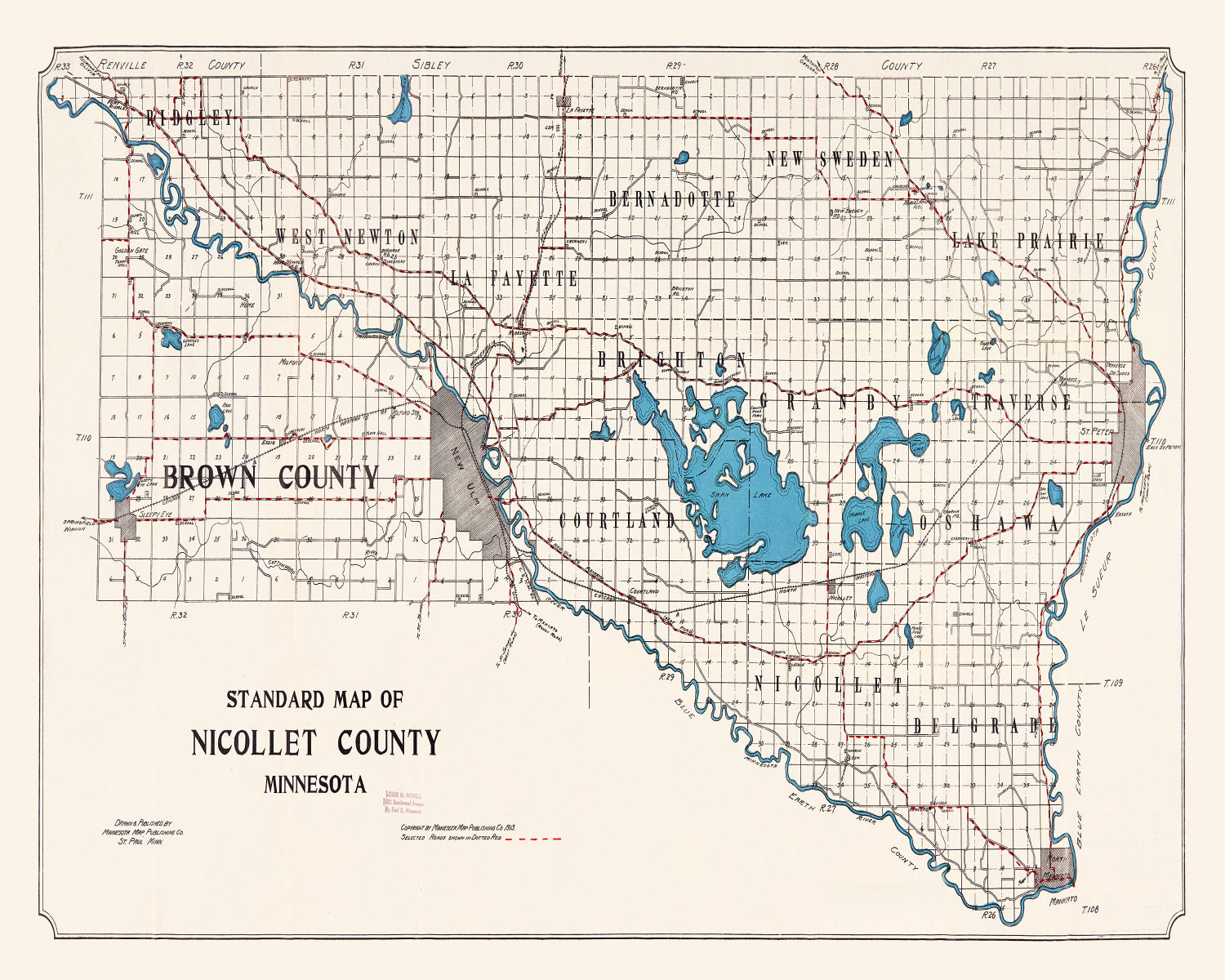 Vintage Map of Nicollet County, Minnesota 1913