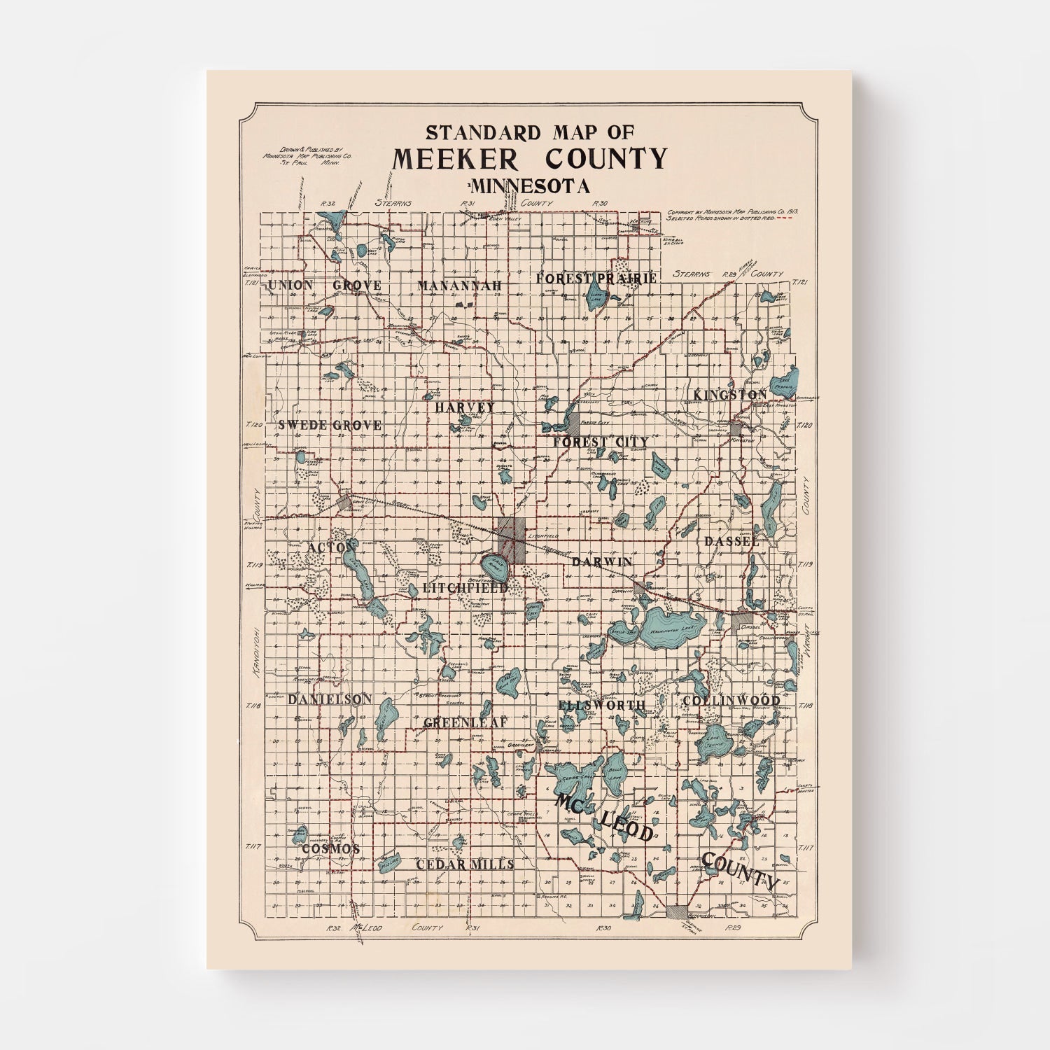 Vintage Map of Meeker County, Minnesota 1913