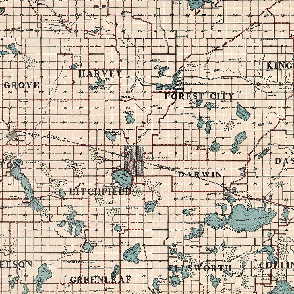Vintage Map of Meeker County, Minnesota 1913