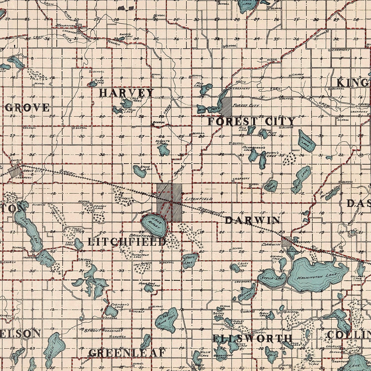Vintage Map of Meeker County, Minnesota 1913