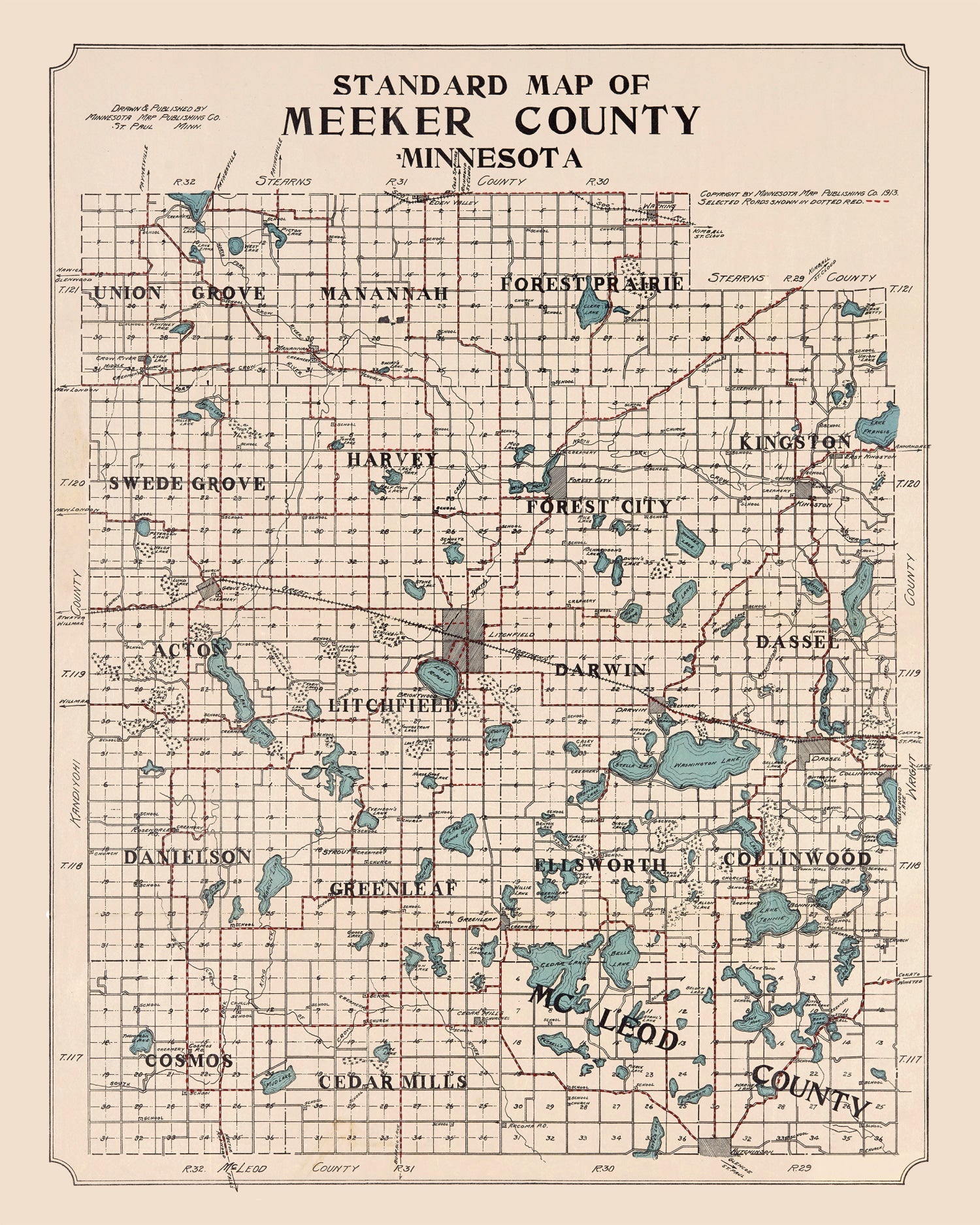 Vintage Map of Meeker County, Minnesota 1913
