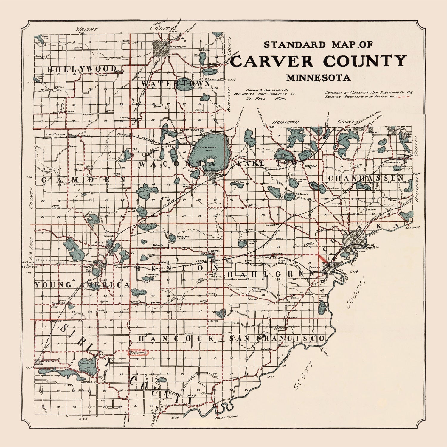 Vintage Map of Carver County, Minnesota 1913