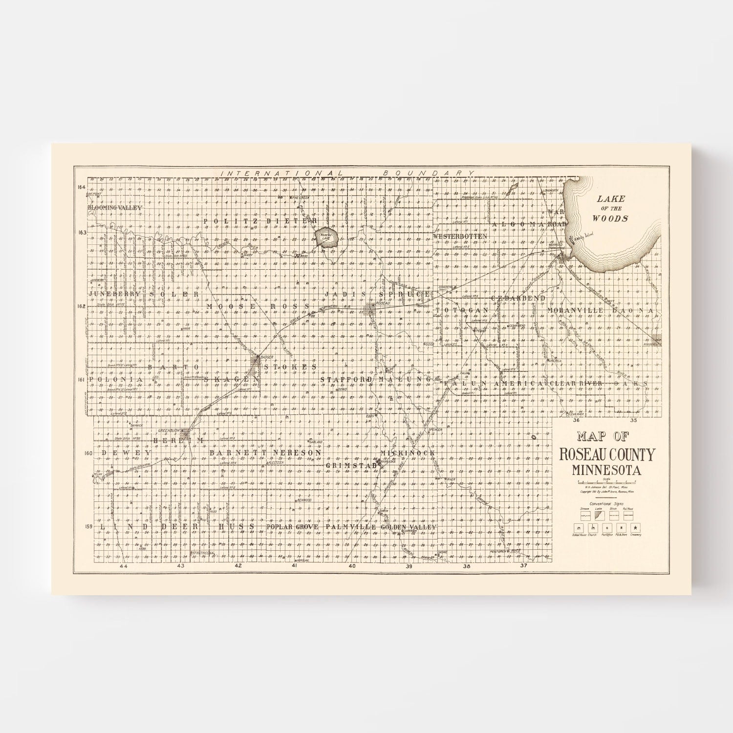 Vintage Map of Roseau County, Minnesota 1911