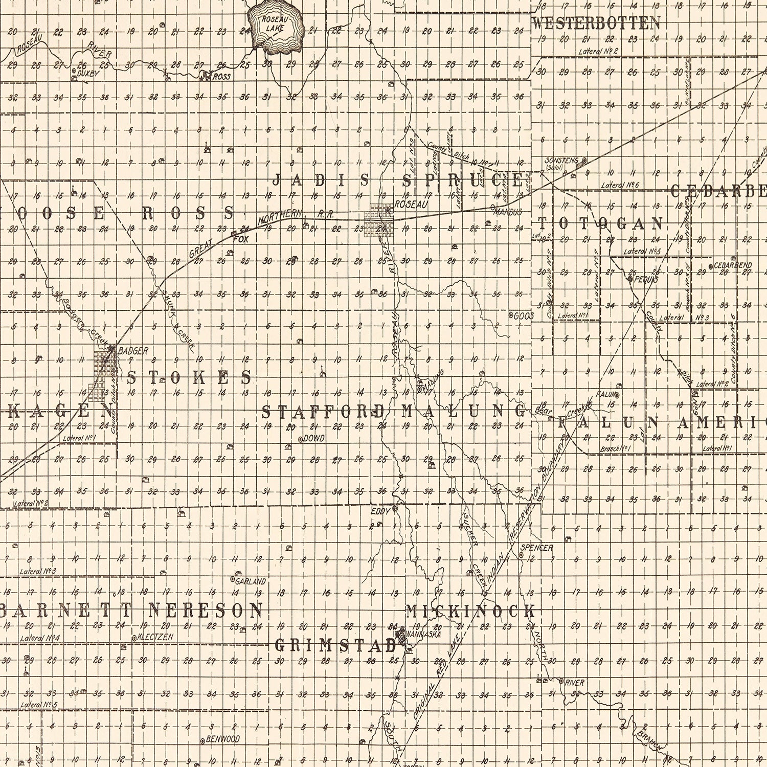 Vintage Map of Roseau County, Minnesota 1911