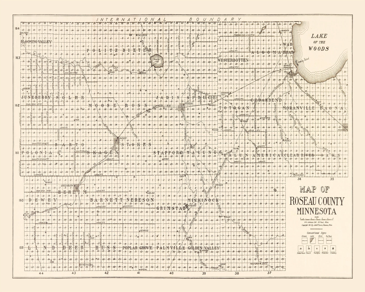 Vintage Map of Roseau County, Minnesota 1911