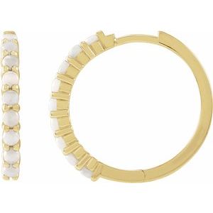 14K Yellow Gold Natural White Opal Cabochon Hinged 20 mm Hoop Earrings