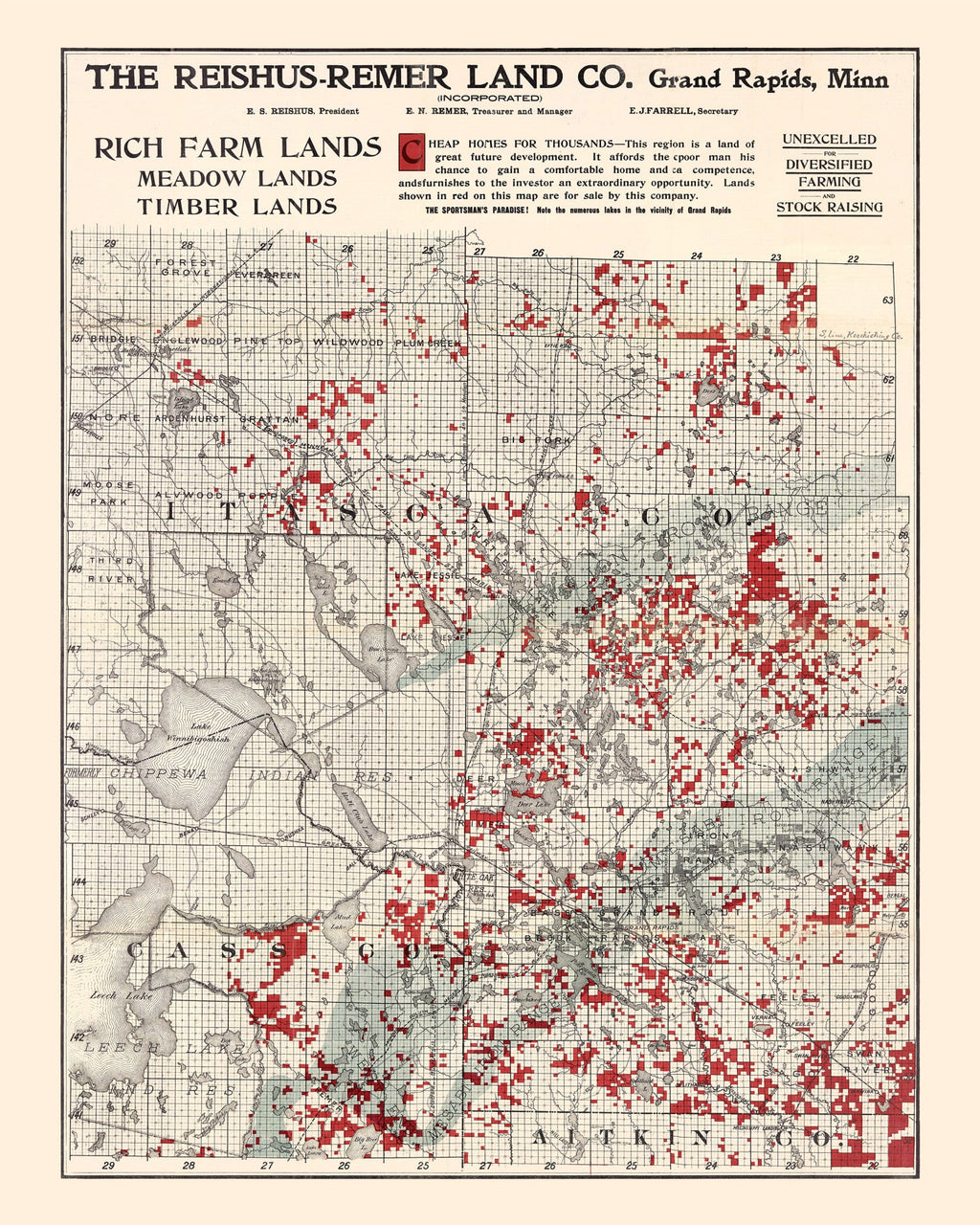 Vintage Map of Itasca County, Minnesota 1908