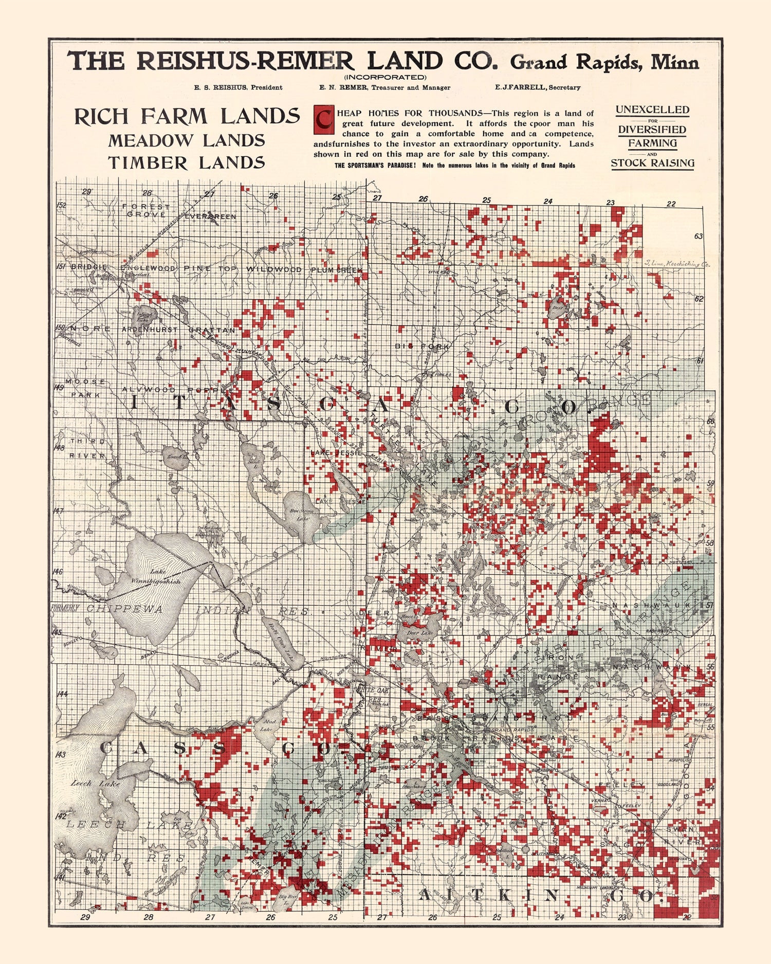 Vintage Map of Itasca County, Minnesota 1908