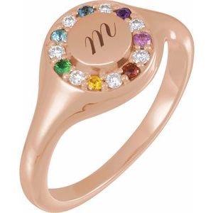 14K Rose Gold Natural Multi-Gemstone & 1/10 CTW Natural Diamond Halo-Style Signet Ring