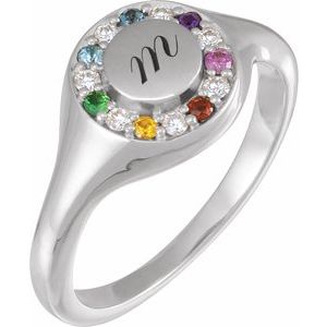 14K White Gold Natural Multi-Gemstone & 1/10 CTW Natural Diamond Halo-Style Signet Ring