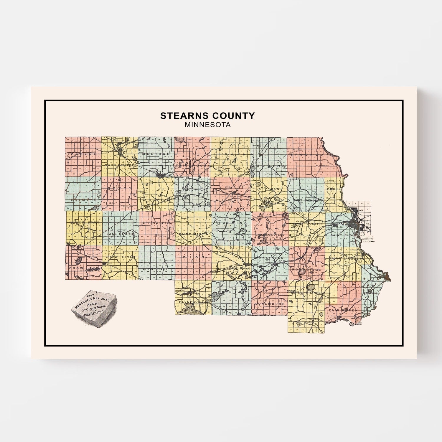 Vintage Map of Stearns County, Minnesota 1907