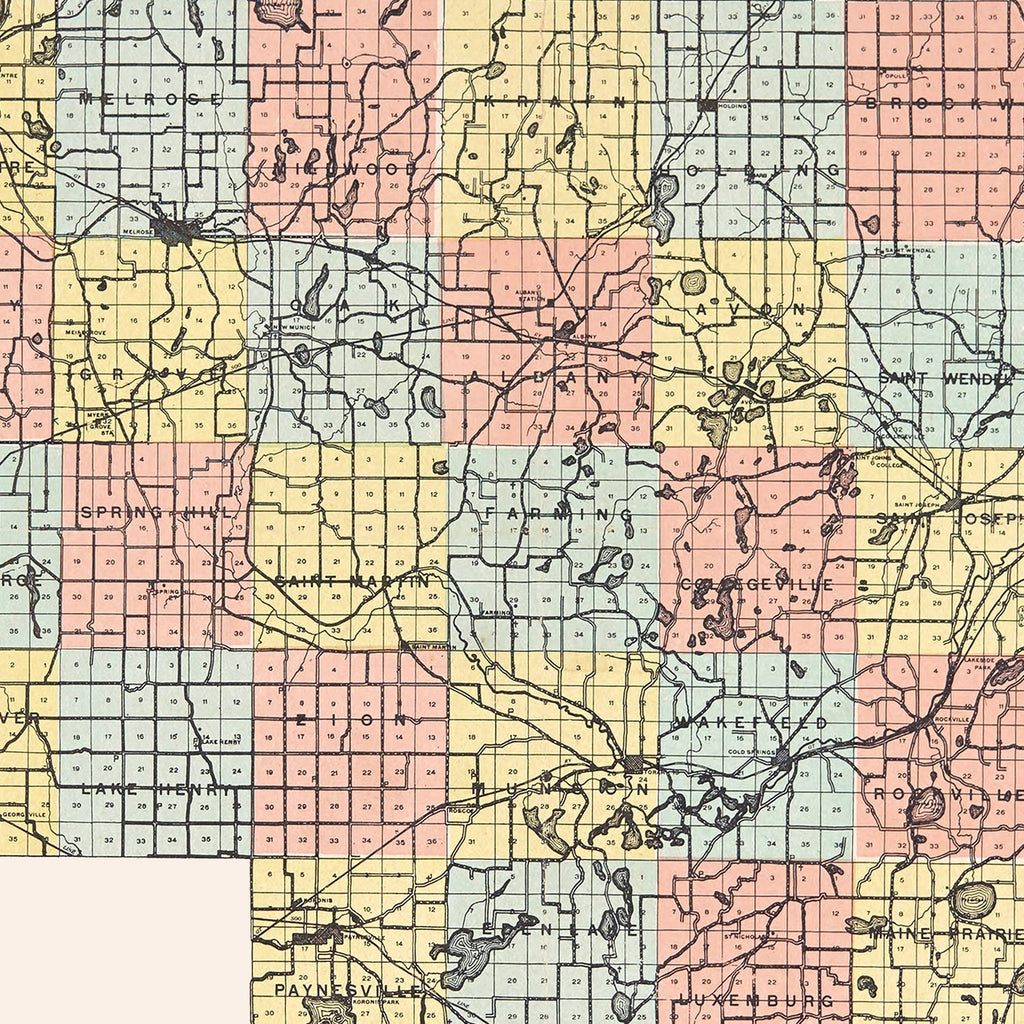 Vintage Map of Stearns County, Minnesota 1907