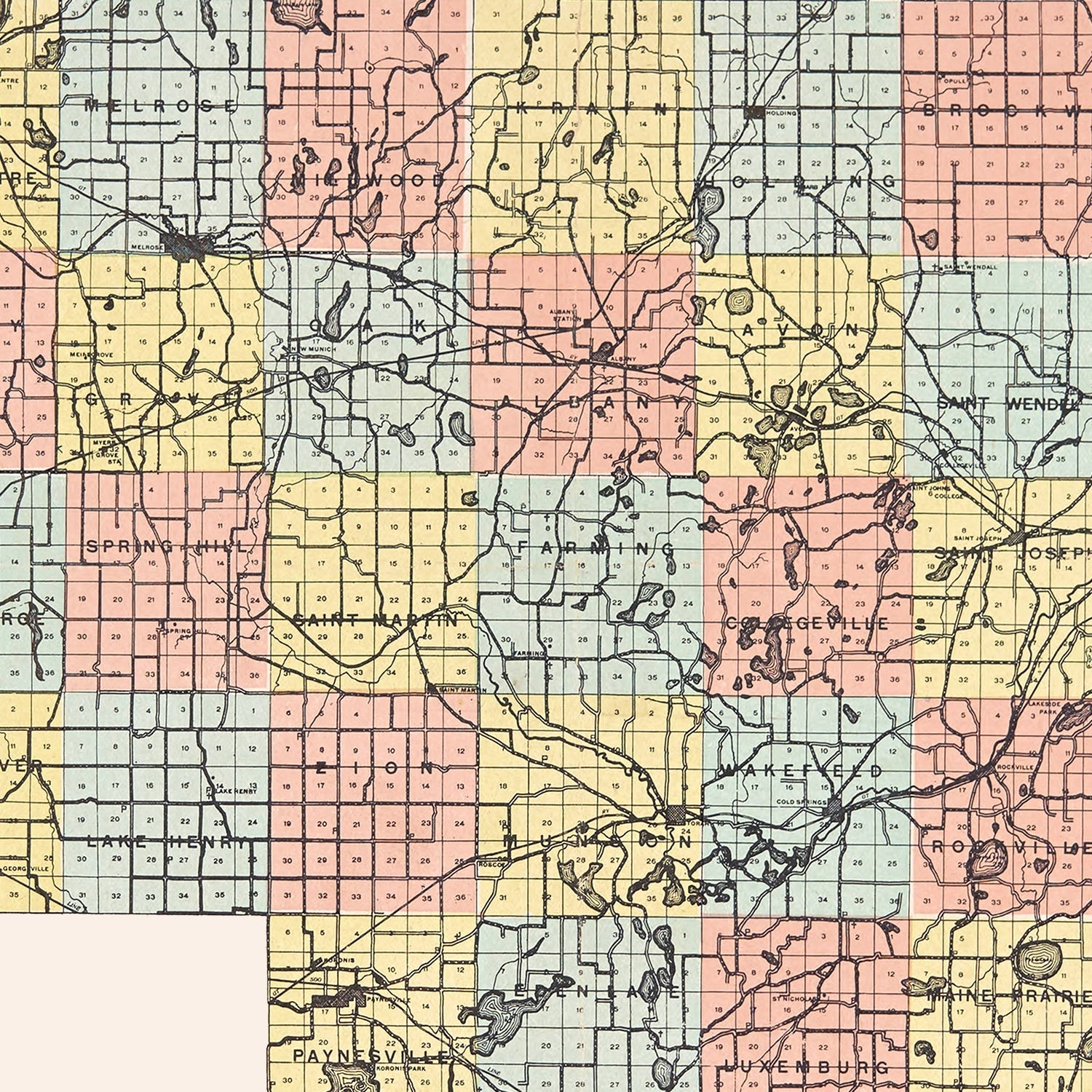 Vintage Map of Stearns County, Minnesota 1907