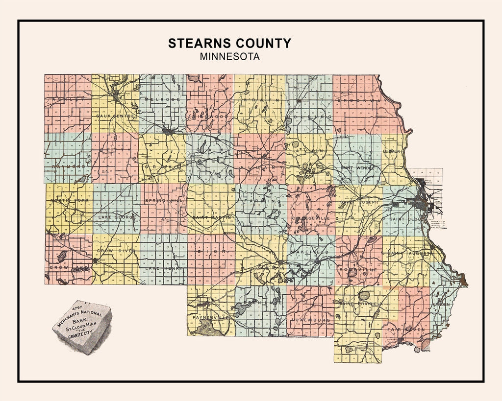 Vintage Map of Stearns County, Minnesota 1907