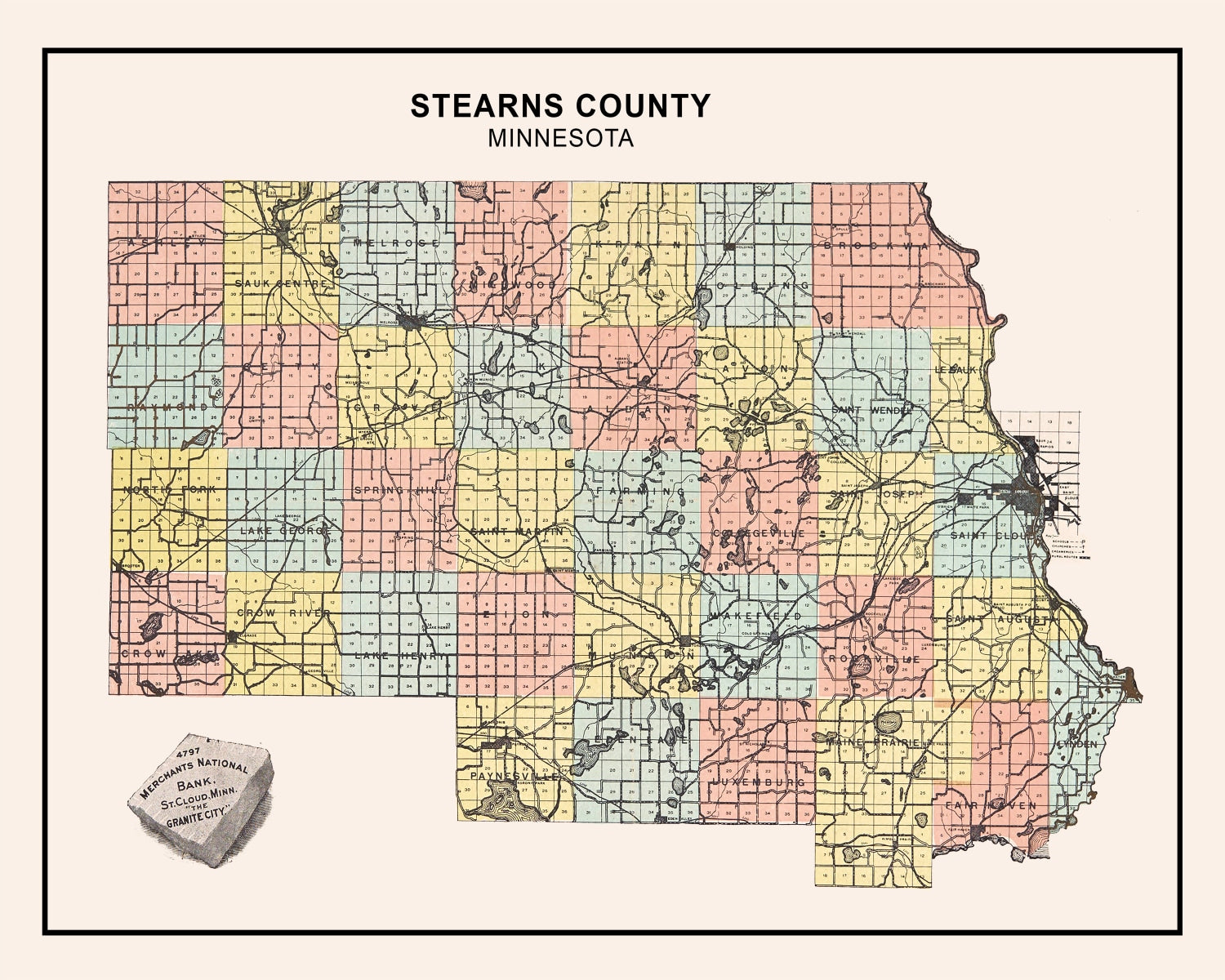 Vintage Map of Stearns County, Minnesota 1907