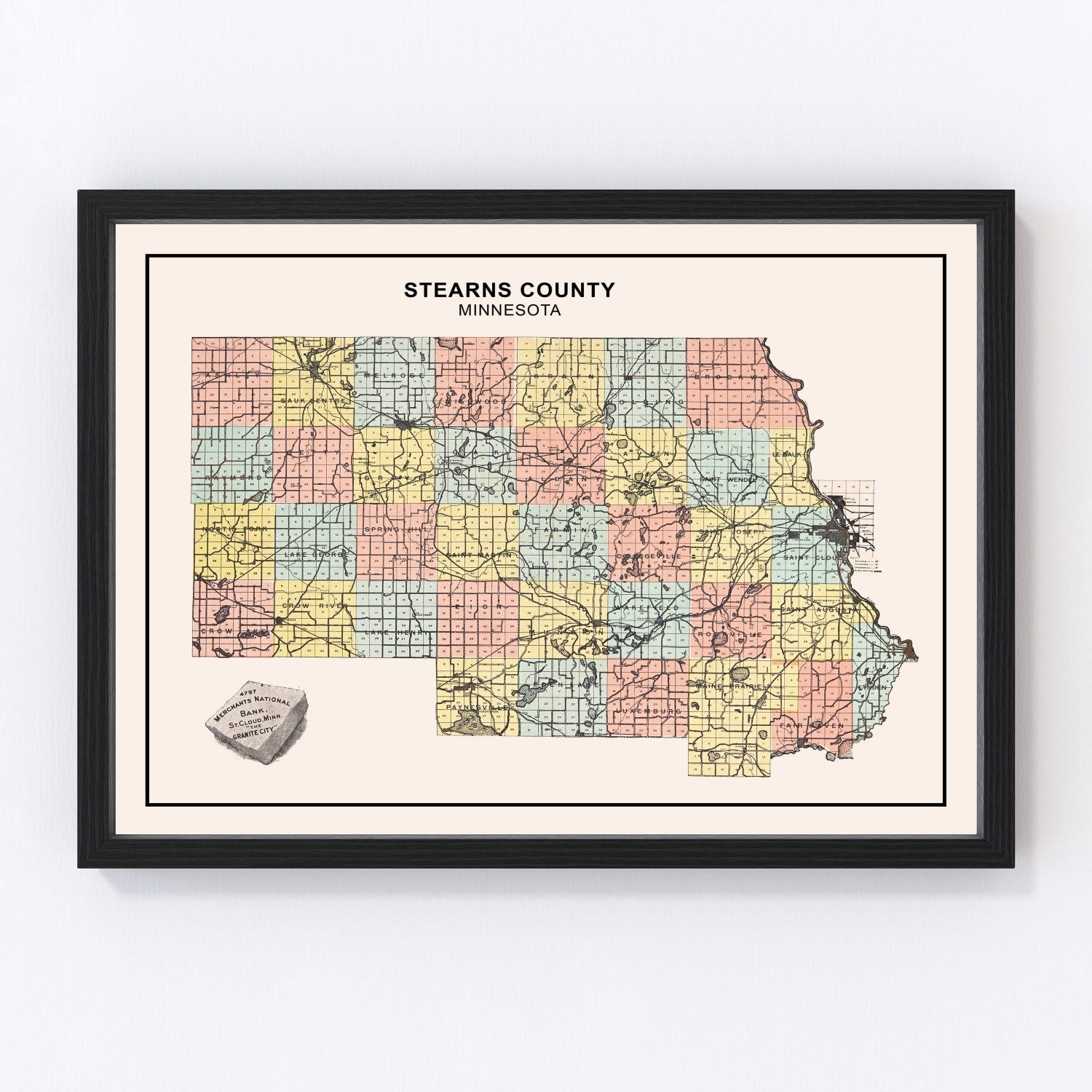 Vintage Map of Stearns County, Minnesota 1907