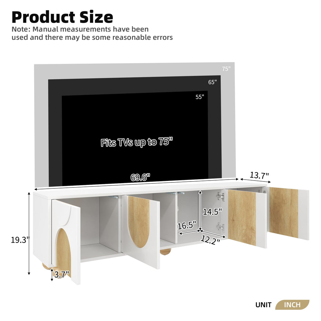 Farmhouse TV Stand with Cable Holes for TVs up to 75', Cream Style Media Console with Rebound Device, Elegant Entertainment Center with 5 Solid Wood Legs for Living Room, Bedroom, White, 69.6'W