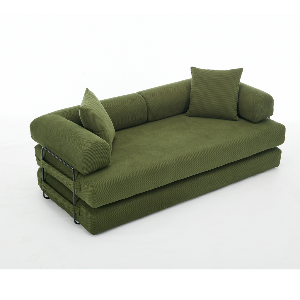 [NEW ARRIVED] [VIDEO PROVIDED] 78.5' Folding Convertible Out Sleeper Sofa Bed,4-in-1 DIY Combination Convertible  Sofa, 3 seat, Folding Sleeper Sofa, King Size , Bedroom,Apartment,Corduroy,Green