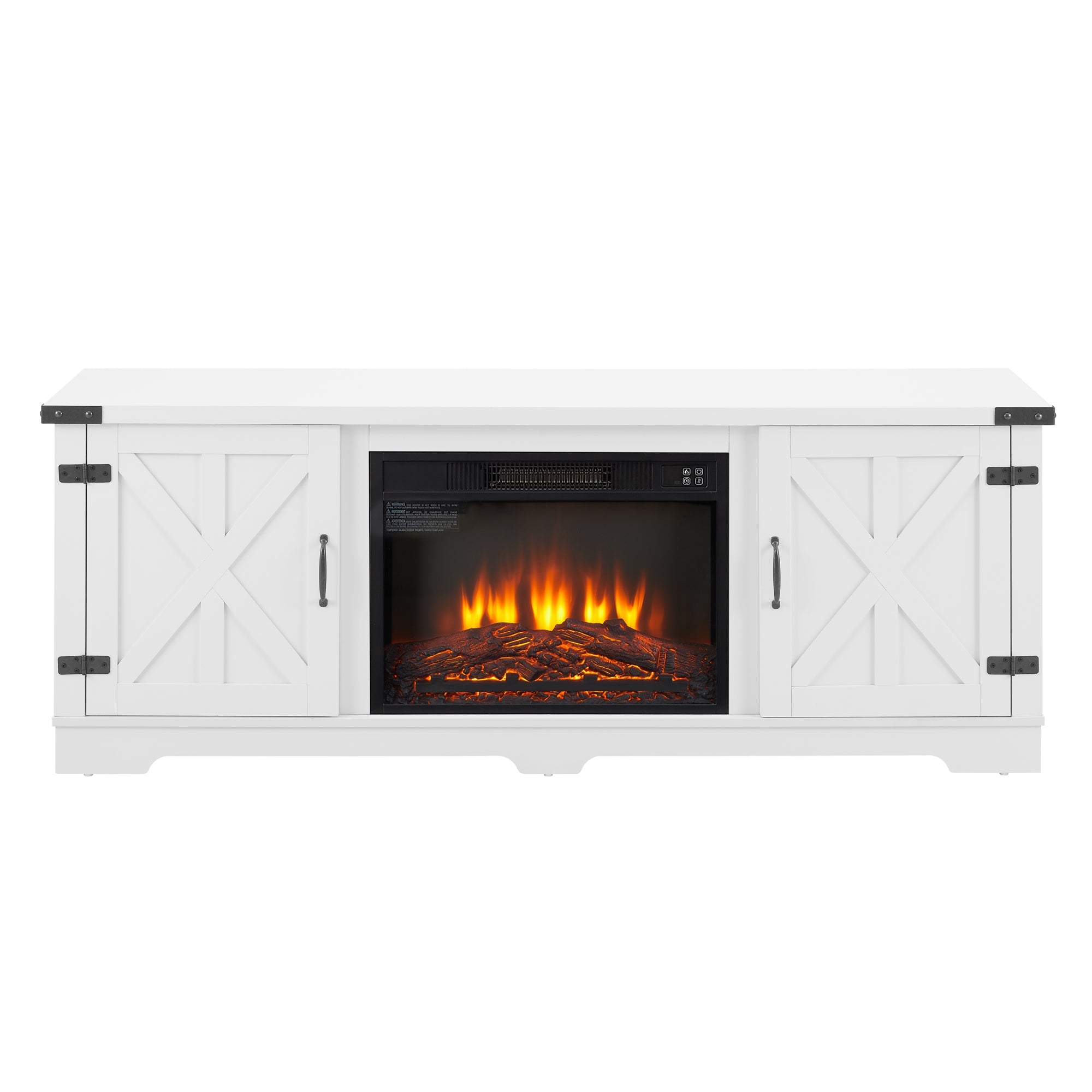 Modern Farmhouse TV Media Stand, Large Barn Inspired Home Entertainment Console, with 23' Fireplace Insert, for TV Up to 70'', with Open Shelves and Closed Cabinets, White, 64.8'W*15.67'D*24.29'H